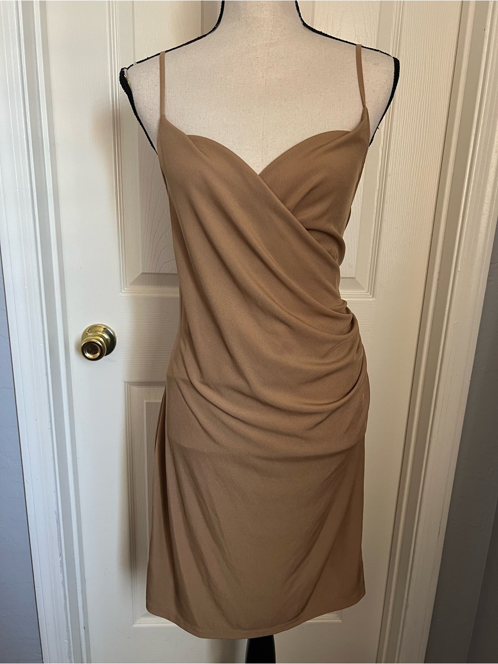 H&M Tan Draped Slip Mini Dress with Spaghetti Straps